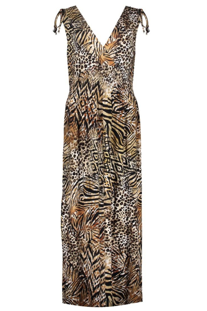 MILA JERSEY MAXI JURK MET RIJG EN SMOCK DETAILS 57367 60 000775 BROWN/BLACK